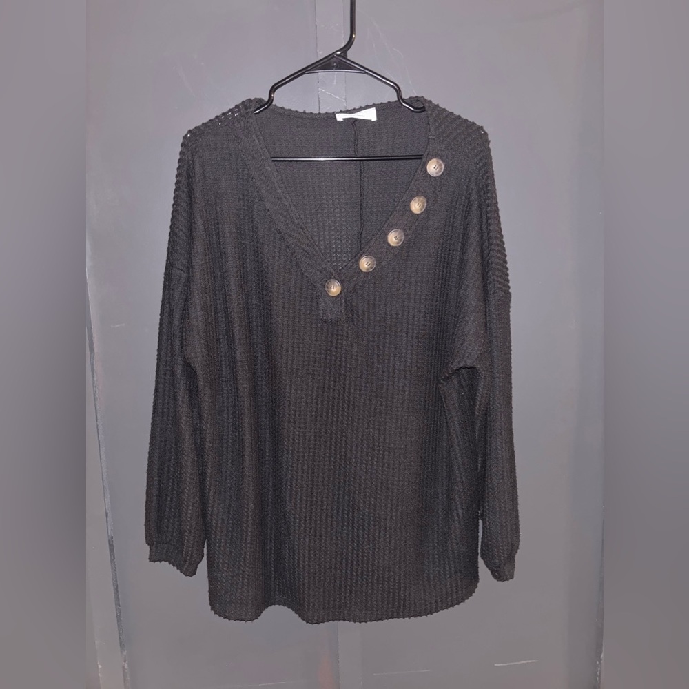 Elegant Black V-Neck Sweater with Button Accents